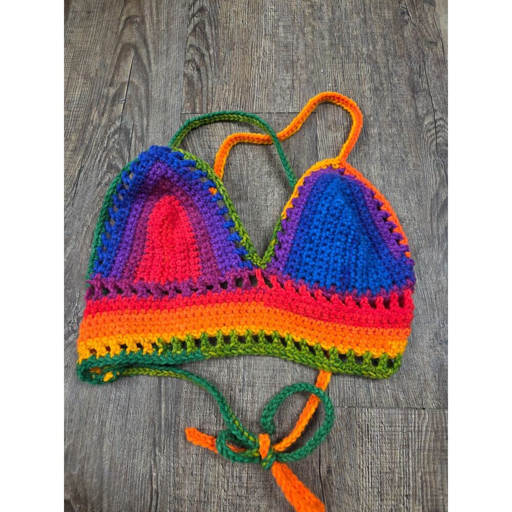 Handmade Crochet Women's Small Bralette Halter Cross Tie Back Top Rainbow